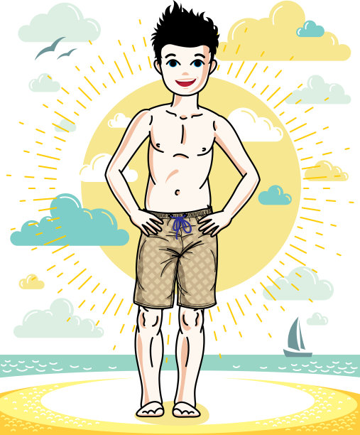 小男孩站在五颜六色的时髦沙滩上图片下载