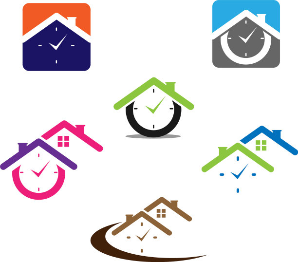 家图标和时钟在平面设计图片下载
