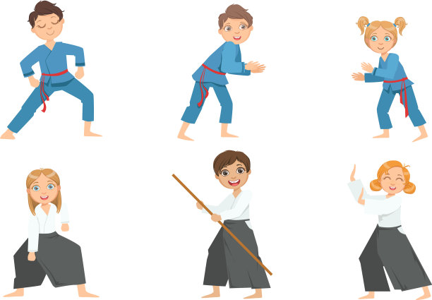可爱的男孩和女孩在做合气道和柔道图片下载