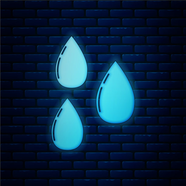 发光的霓虹灯水滴图标孤立在砖块上图片下载