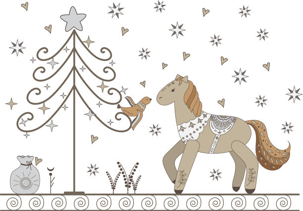 新年贺卡有圣诞树、马和鸟图片下载
