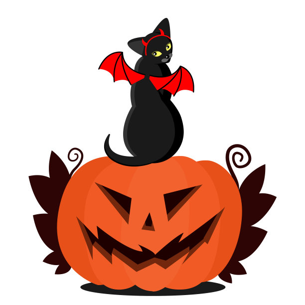 有翅膀和角的黑猫在南瓜上图片下载