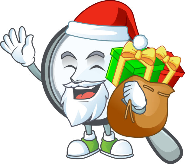 圣诞老人带着礼物放大镜的卡通人物图片下载