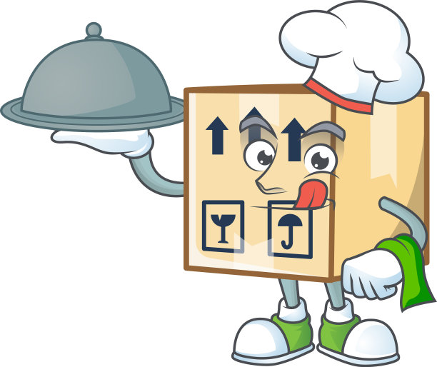 厨师与食物纸板接近吉祥物在白色图片下载