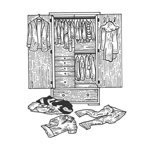 衣橱与衣服素描雕刻图片下载