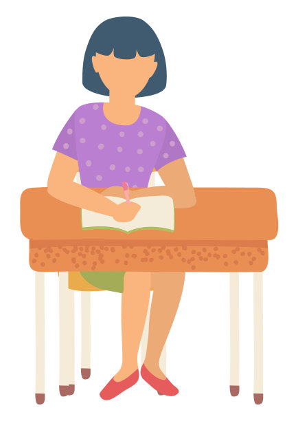 女学生坐在书桌上写笔记本图片下载