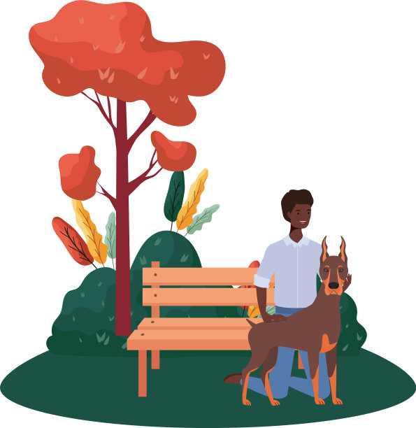 年轻的非洲人与可爱的狗在公园场景图片下载