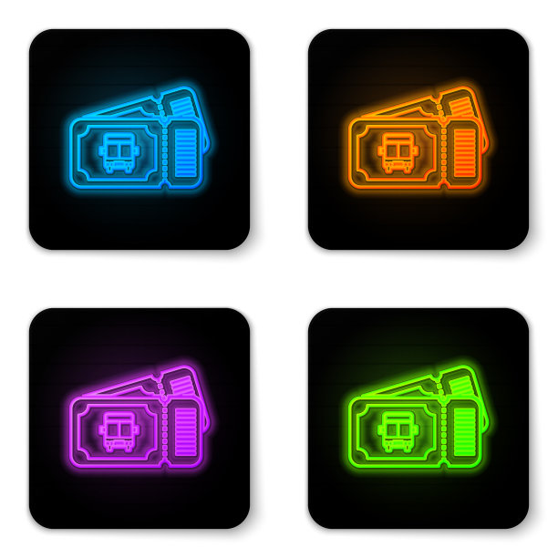 发光的霓虹灯巴士票图标孤立在白色图片下载