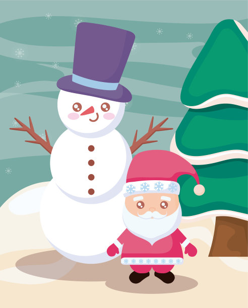 圣诞老人和雪人与冬天的风景在一起图片下载