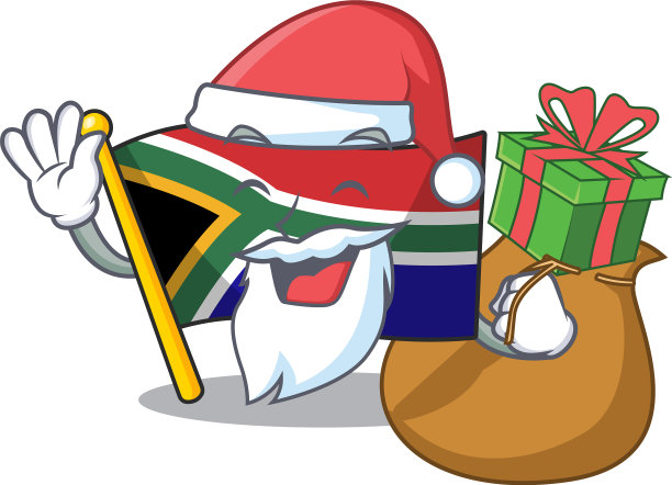 圣诞老人带着礼物南非国旗在卡通中飘扬图片下载