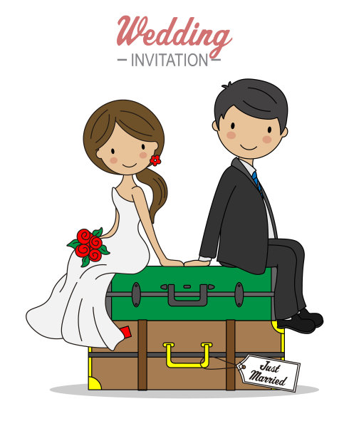 新娘和新郎坐在旅行箱上图片下载