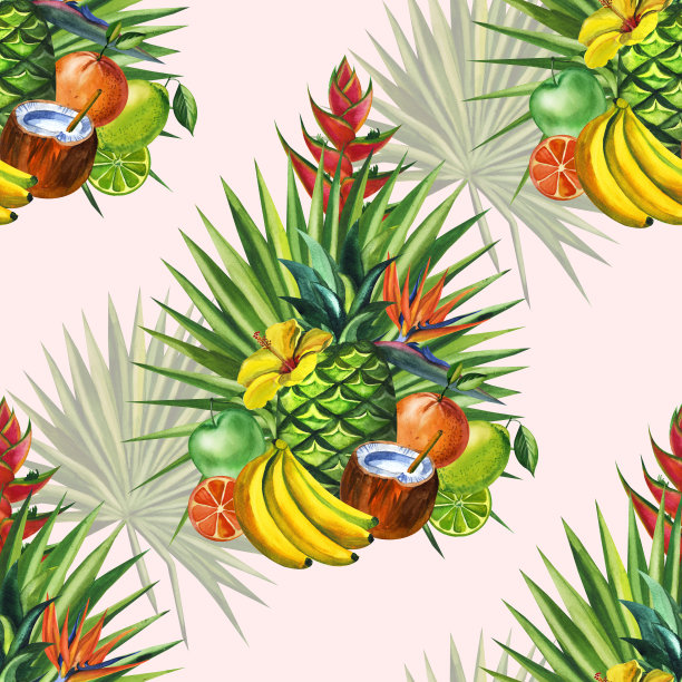 水彩无缝花卉图案与水果手绘装饰背景。手绘水彩插图。印刷纺织品，布料，墙纸，剪贴簿图片下载