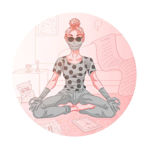 戴着口罩和手套的妇女，冠状病毒防护，以莲花姿势进行调解。保持居家形象。矢量图图片下载