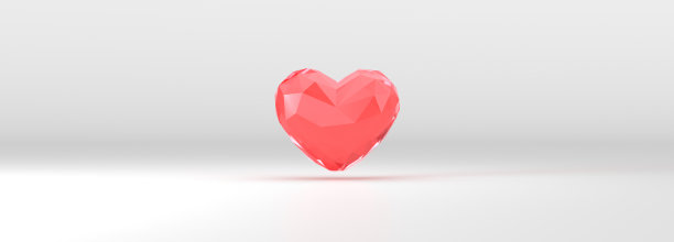 3D插图，多边形水晶红心在白色的背景。图片下载