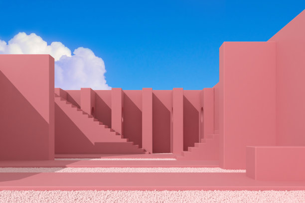 简约的建筑风格，楼梯和碎石，建筑理念与阴影的墙壁。3 d渲染。图片下载