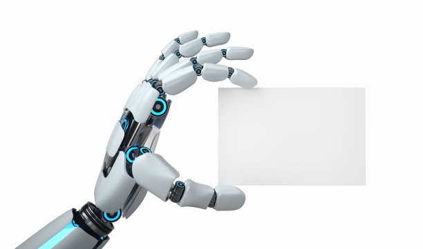 拿着名片的机器人的手。3 d演示。图片下载