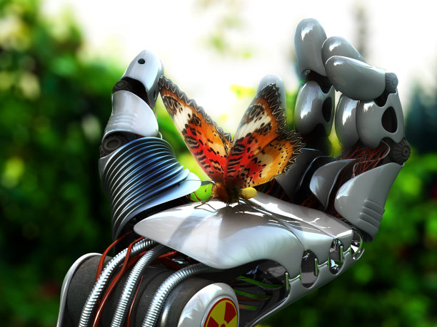 一个机器人手与蝴蝶的3D渲染图片下载