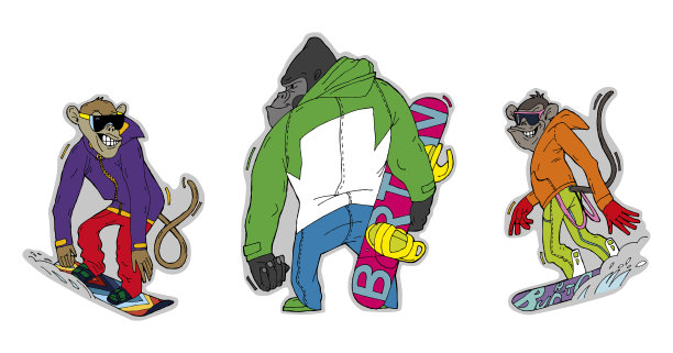 三只猴子是冬季运动的爱好者，滑雪。彩色插图、贴纸，可用于广告、体育用品、纪念品和海报。图片下载