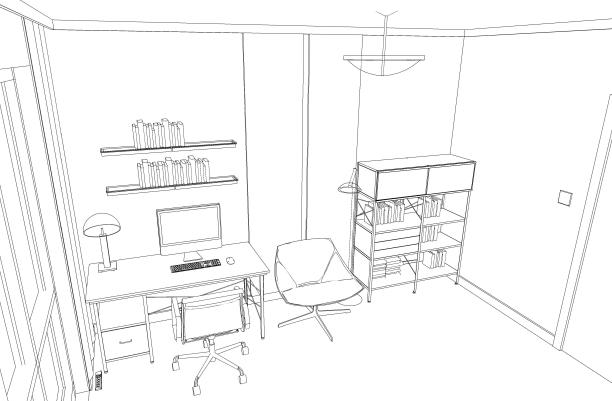 隐藏线条风格的家庭办公室工作区域的3d插图。图片下载