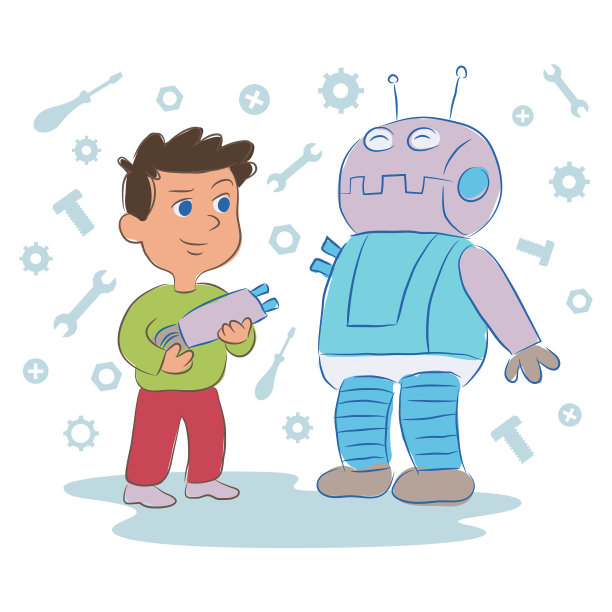 小男孩正在创作机器人卡通图片下载