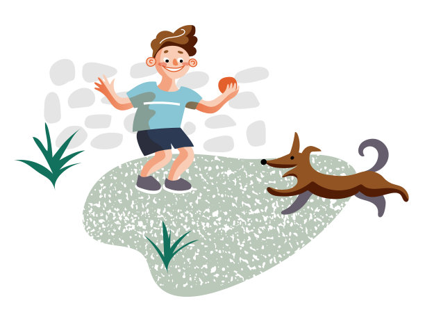 小男孩和狗flat一起玩图片下载