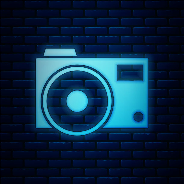 发光的霓虹灯照片相机图标孤立在砖块上图片下载