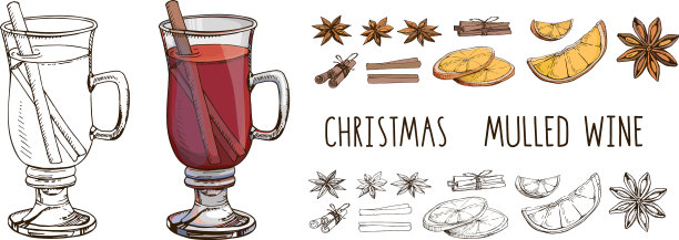 热葡萄酒与香料和桔子片套图片下载