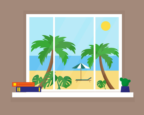 窗外是阳光明媚的海滩景色图片下载