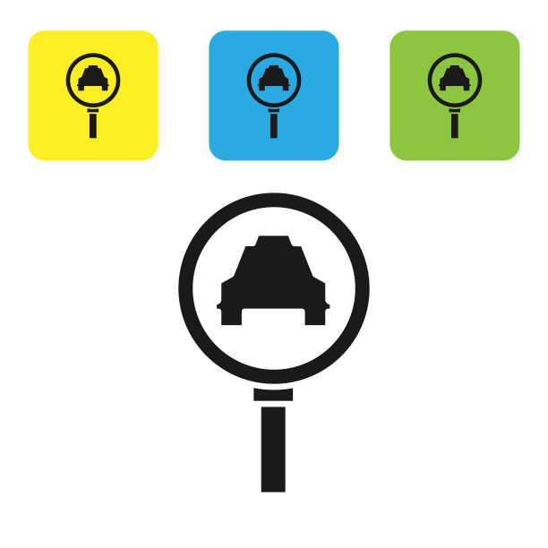 黑色放大镜和出租车图标孤立图片下载