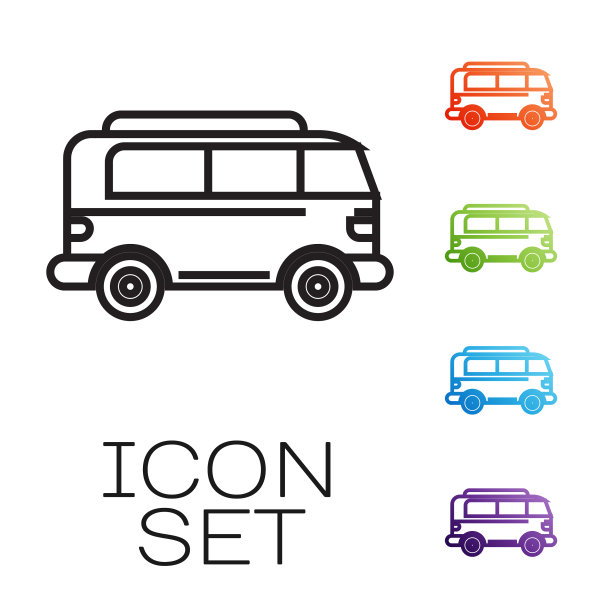 黑色线复古面包车图标孤立在白色图片下载