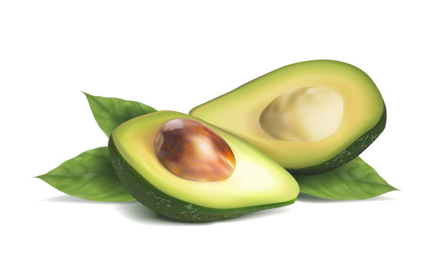 牛油果，用绿叶切成两半图片下载
