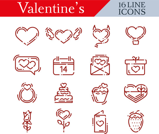 情人节图标设置16行红色爱图标图片下载