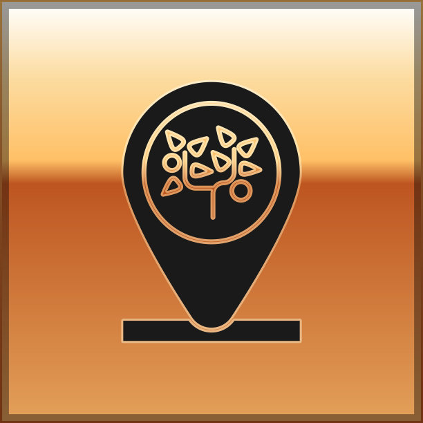 黑色位置和树图标孤立在黄金上图片下载