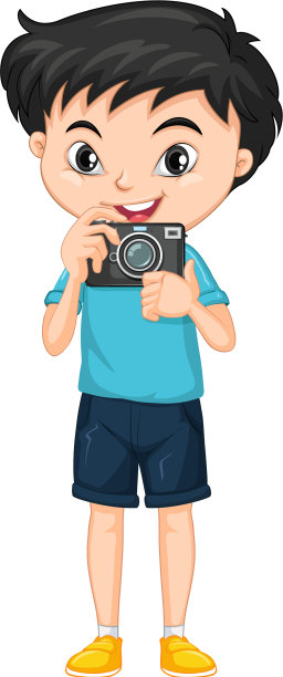 一个男孩带着相机在孤立的背景上图片下载