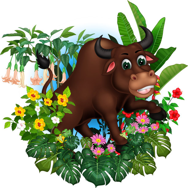 有趣的棕色公牛与热带植物花图片下载