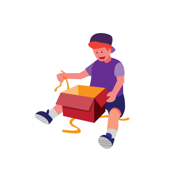 男孩兴奋地打开盒子，用缎带赠送礼物图片下载