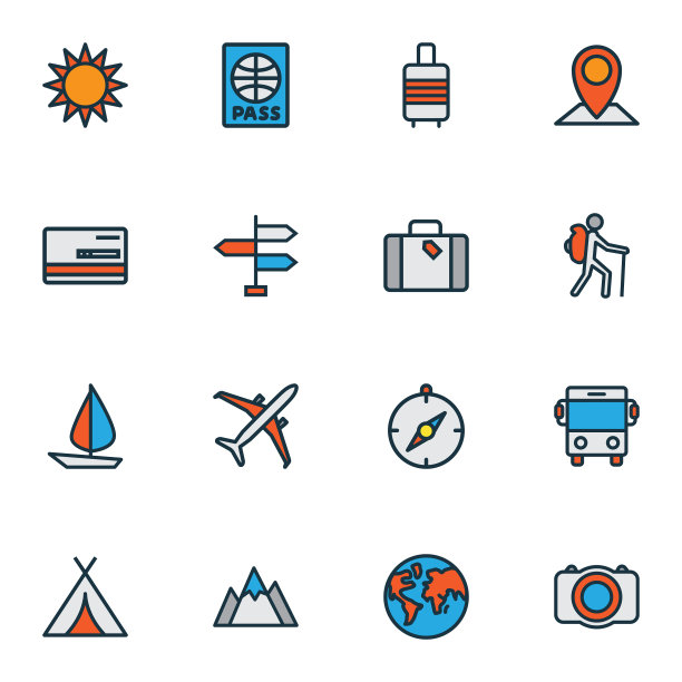 旅行图标彩色线设置与巴士行李图片下载