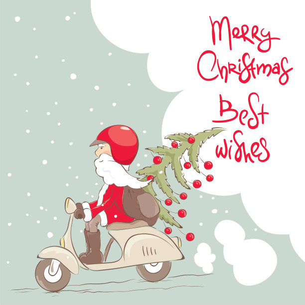 骑着摩托车的圣诞老人带着圣诞树和礼物图片下载