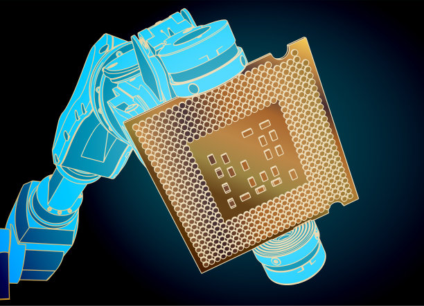 工业机器人和微芯片特写图片下载