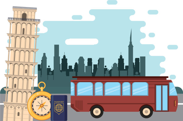 世界旅游场景与巴士和图标图片下载