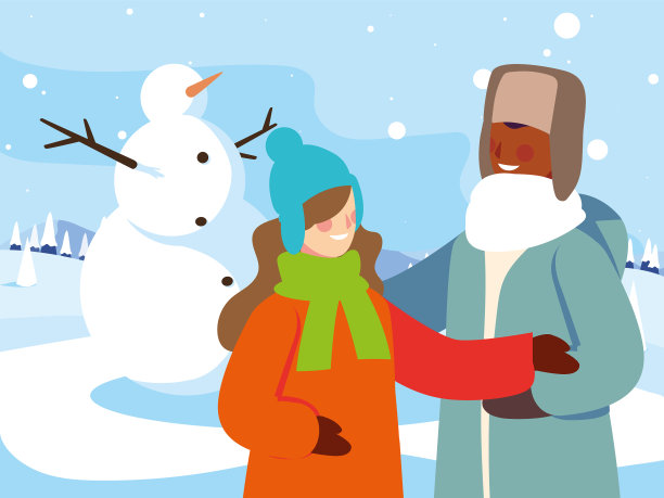 在冬天的风景中有雪人的夫妇图片下载