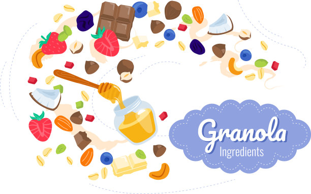 格兰诺拉麦片的成分，如浆果，巧克力，坚果图片下载