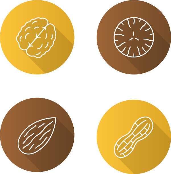 坚果类型平线性长阴影图标设置图片下载