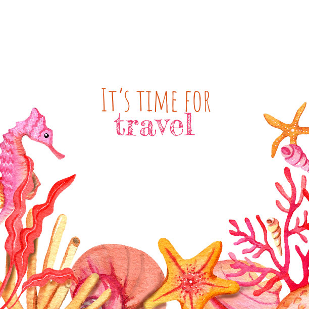 水彩框架的藻类，珊瑚，海星和珊瑚礁居民。完美的装饰，邀请，卡片，还有添加文字的能力。图片下载