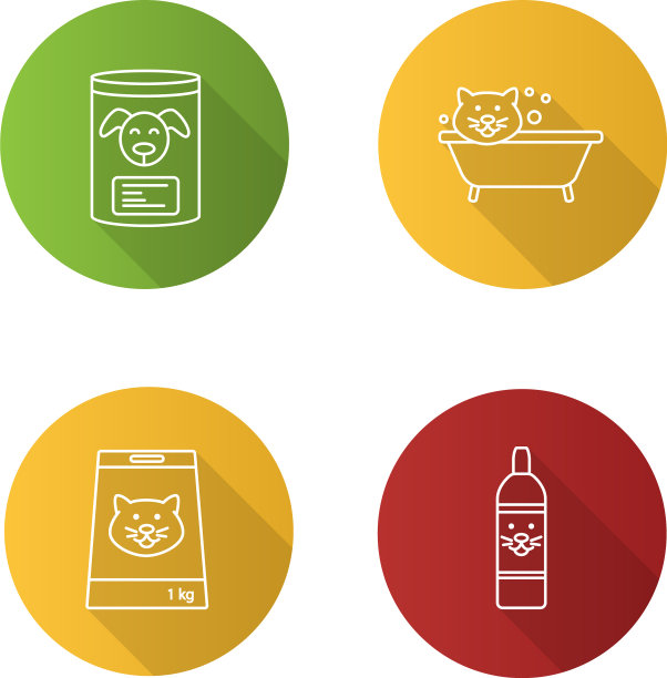 宠物供应平面线性长阴影图标集图片下载