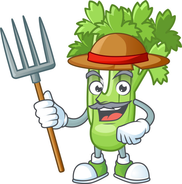 快乐农民芹菜植物与帽子卡通吉祥物图片下载