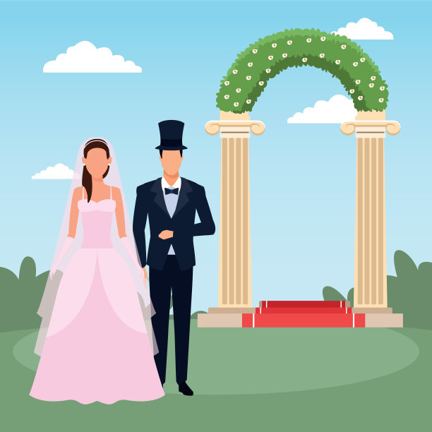 优雅的新婚夫妇和花卉拱门之上图片下载