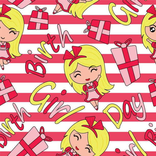无缝图案卡通可爱女孩和礼品图片下载