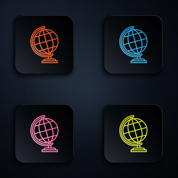 彩色霓虹灯线地球地球仪图标孤立在黑色图片下载