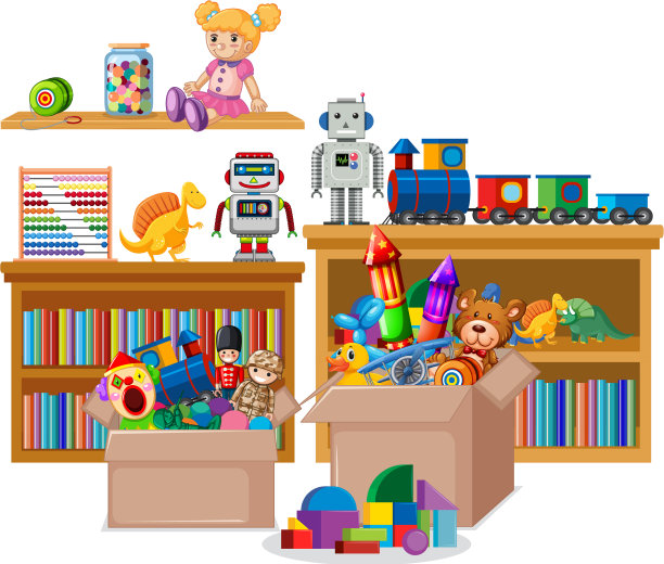 书架上满书和玩具的白色背景图片下载